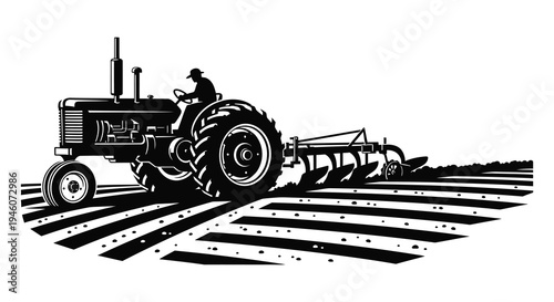 Vintage tractor plowing a field black and white illustration with a farmer driving