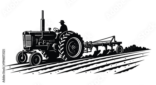 Vintage tractor plowing a field a black and white illustrative design