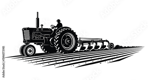 Vintage tractor plowing a field black and white illustration with a farmer
