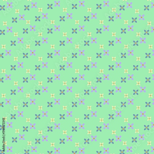 Seamless ditsy floral pattern featuring small pastel flowers in purple, blue, and yellow on a soft mint green background. Minimalist aesthetic for feminine textiles, spring wallpaper, and stationery.