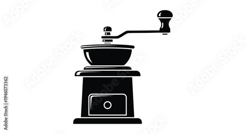 Black and white illustration of a vintage manual coffee grinder with a wooden handle
