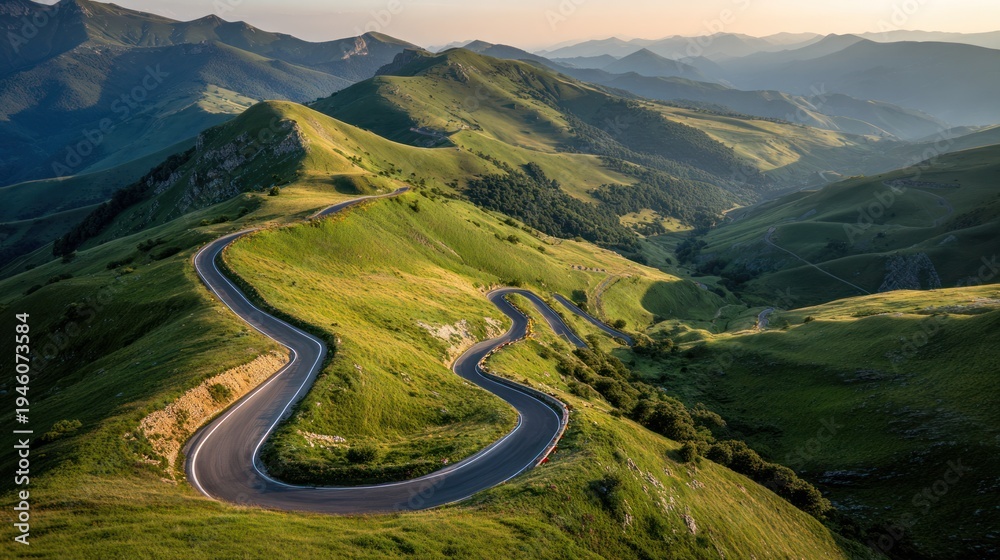 Naklejka premium A winding mountain road snakes through lush green hills at sunset. The asphalt serpentine highway curves through a scenic landscape with valleys.