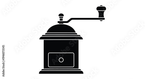 Simple black silhouette of a vintage coffee grinder with a hand crank