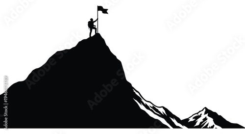 Silhouette of a hiker raising a flag on a mountaintop celebrating success