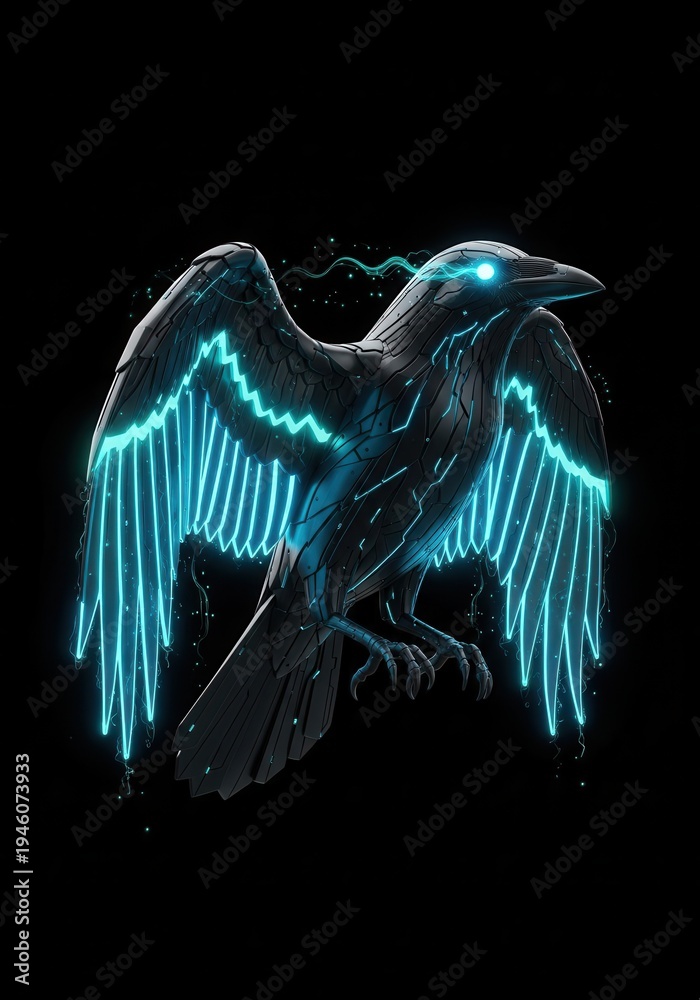 Fototapeta premium Dark avian creature exhibits glowing neon light patterns across its form against a solid black background