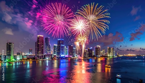 Wallpaper Mural A vibrant fireworks display illuminates the Miami skyline over the water at night. Torontodigital.ca