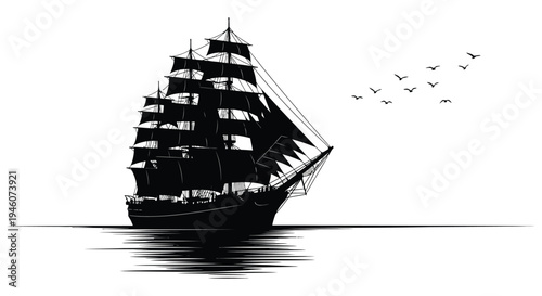 A silhouetted tall ship sailing on calm water with a flock of birds overhead