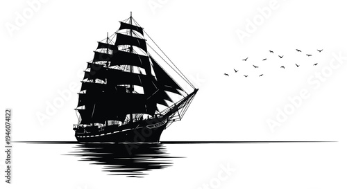 A striking black and white illustration of a tall sailing ship on calm waters
