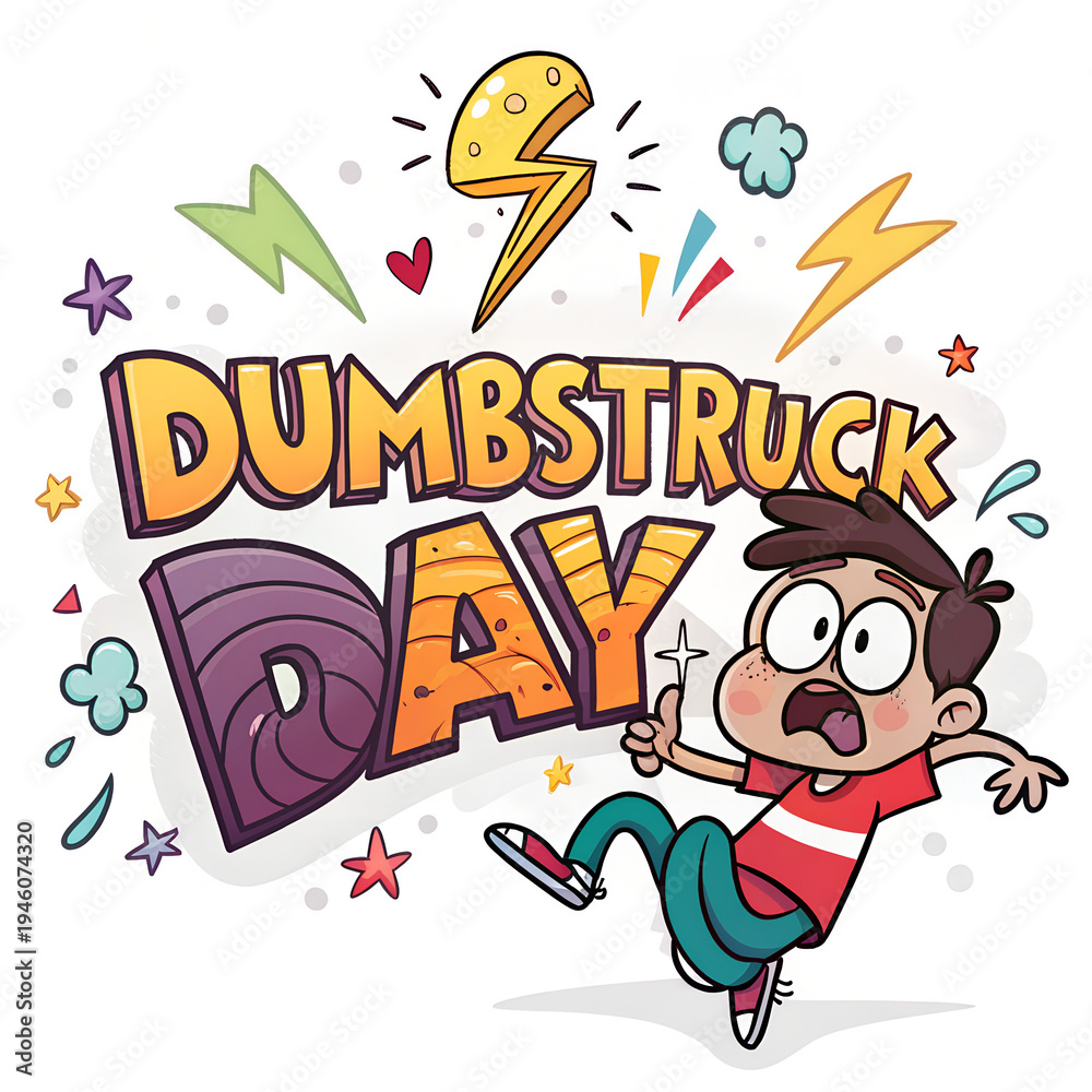 Obraz premium Dumbstruck day graphic with shocked boy and lightning bolts