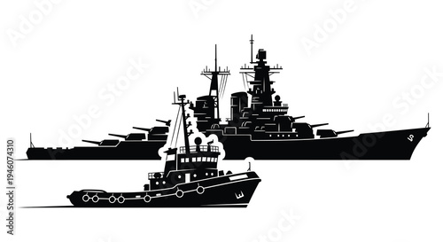 Black silhouette of a battleship and tugboat on calm water
