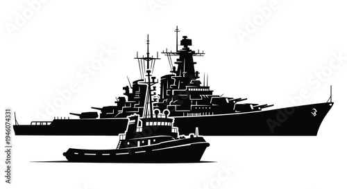A black and white illustration depicting a battleship escorted by a tugboat