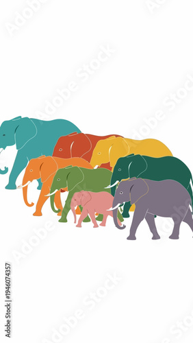 A vibrant procession of colorful elephants walking in a line with a white background