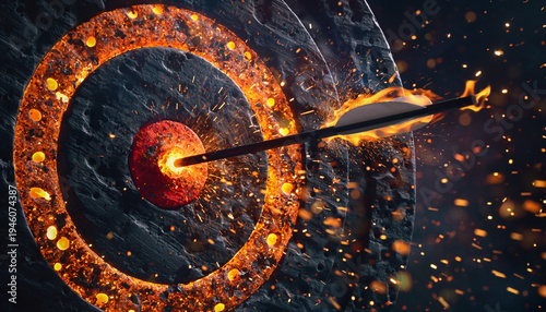 Dramatic display of an arrow hitting a target with flames and sparks during a competition at dusk