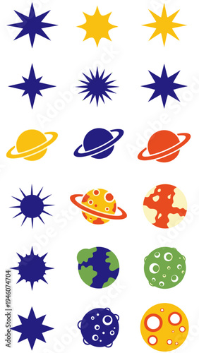 Collection of Colorful Celestial Bodies and Star Icons for Cosmic Designs