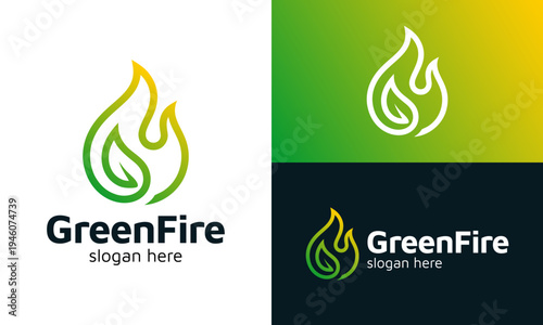 Energy illustration template logo design. Green fire icon vector logo with natural leaf sign symbol shape.