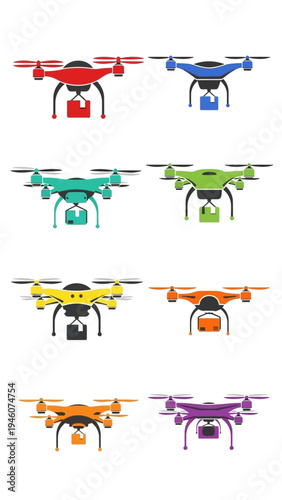 Collection of colorful drones with delivery packages illustrating modern aerial logistics