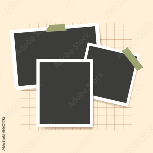 Blank photo frame, instant photo, film collage template on a beige board
