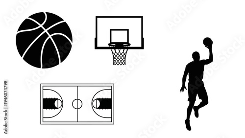 basketball sport icons including court ball player and hoop on white background
