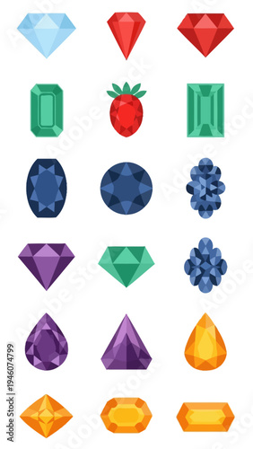 Collection of colorful geometric gemstone shapes and a strawberry illustration