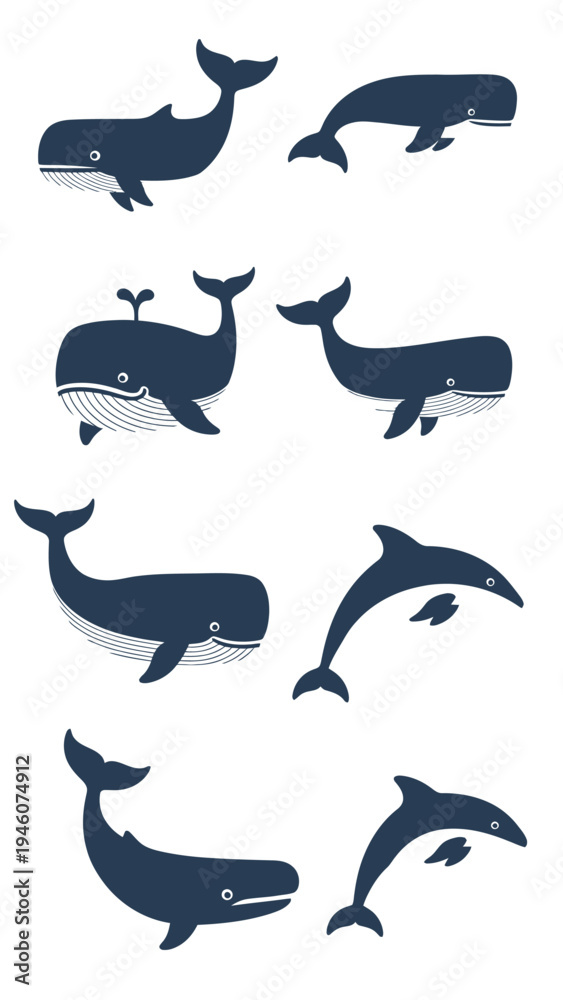 Obraz premium Collection of Cute Cartoon Whales and Dolphins Silhouettes Illustration