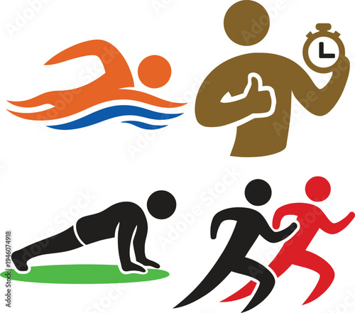 Sports and fitness activity icon set including swimming sport, workout timer training, push up exercise and running race symbols. Perfect for gym training, fitness programs, sports clubs, health apps 