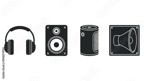 collection of audio equipment icons headphones and various speaker types represented in black