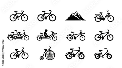 Collection of Bicycle Icons and Mountain Silhouette for Outdoor Activities and Transportation