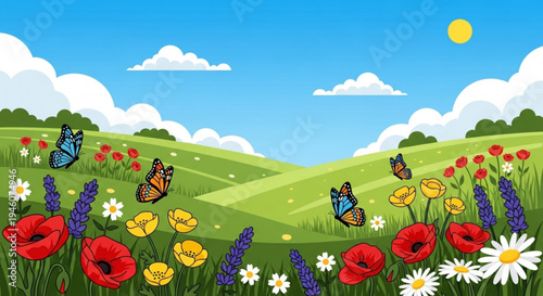 A colorful vector illustration of a serene landscape with butterflies and flowers under a sunny blue sky