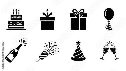 Collection of birthday celebration icons including cake, gifts, balloon, champagne, and party hat