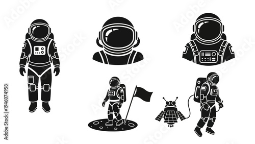 Collection of black and white astronaut icons for space exploration and adventure themes
