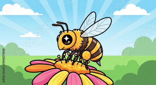 A colorful cartoon bee collecting nectar from a vibrant flower in a sunny meadow