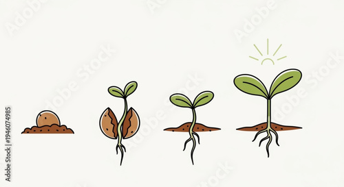 A vector graphic illustration of a plant growing from a seed to a sprout in four stages