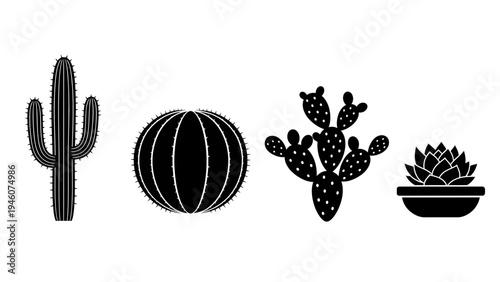 Collection of black and white cactus and succulent plant icons in silhouette isolated on white