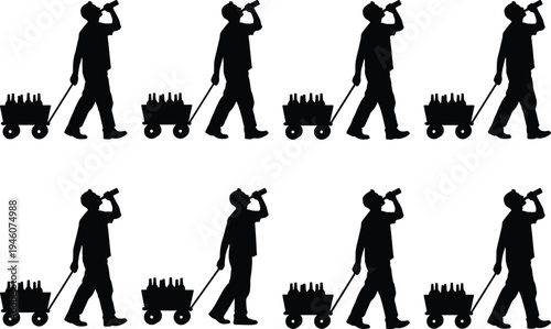 Silhouette of a man walking and drinking from a bottle while pulling a cart full of bottles, repetitive pattern.