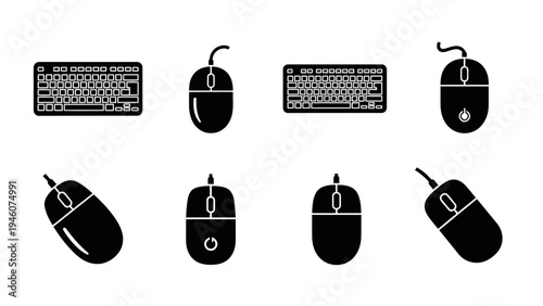Collection of black and white computer keyboard and mouse icons isolated on white background