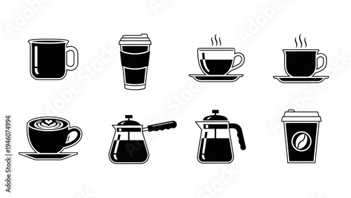 Collection of black and white coffee related icons and symbols for culinary use