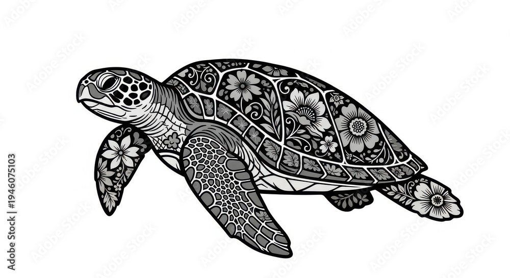 Obraz premium Stylized sea turtle illustration featuring intricate black and white floral patterns on its shell and skin