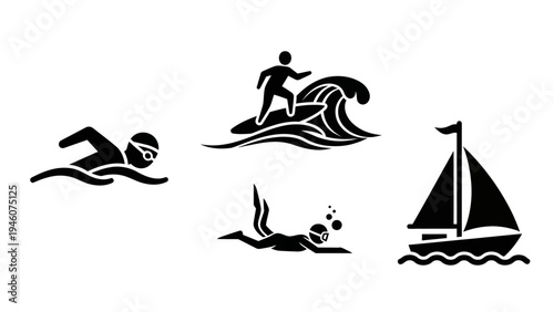 Collection of black and white silhouette icons representing water sports and activities