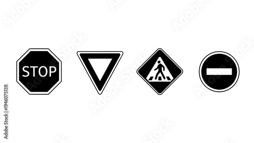 Collection of Black and White Traffic Signs Including Stop Pedestrian Crossing and No Entry