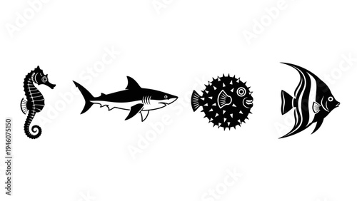 Collection of black and white stylized marine life illustrations on a clean white background