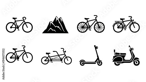 Collection of black and white vector icons featuring bicycles scooters and mountains