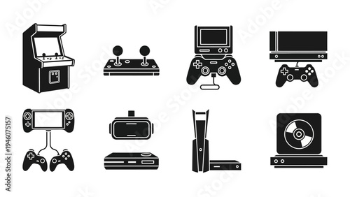 collection of black and white vector icons for video game consoles and controllers