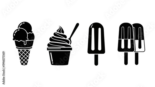 Collection of black and white vector icons representing various ice cream desserts and popsicles