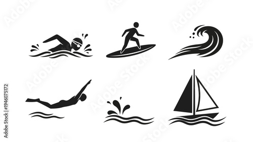 Collection of black and white water sport icons featuring swimming surfing sailing and waves