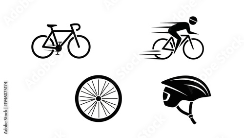 Collection of black bicycle icons featuring a bike wheel rider and helmet