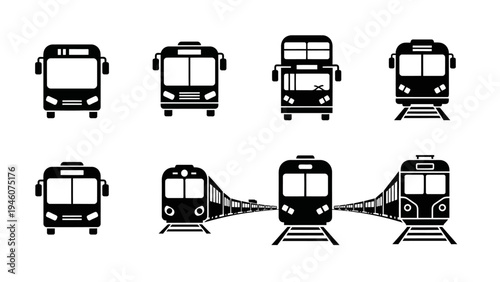 Collection of black and white transportation icons featuring buses and trains for web design