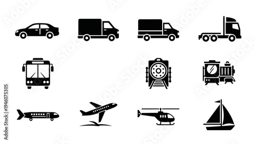 Collection of black transportation icons including cars trucks bus train helicopter airplane and