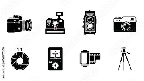 Collection of camera icons and photography equipment set for graphic design use