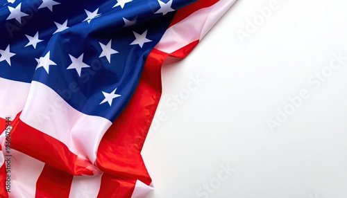 Crumpled American flag draped left on a white background, showcasing stars and stripes
