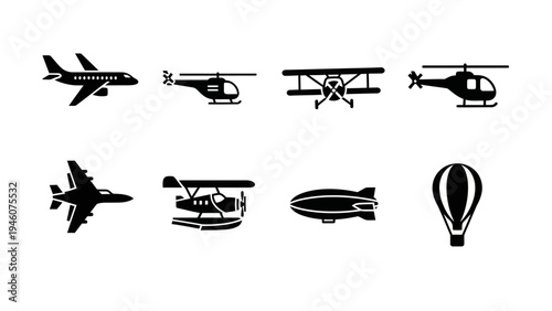 Collection of diverse aircraft icons including airplanes helicopters blimps and hot air balloons
